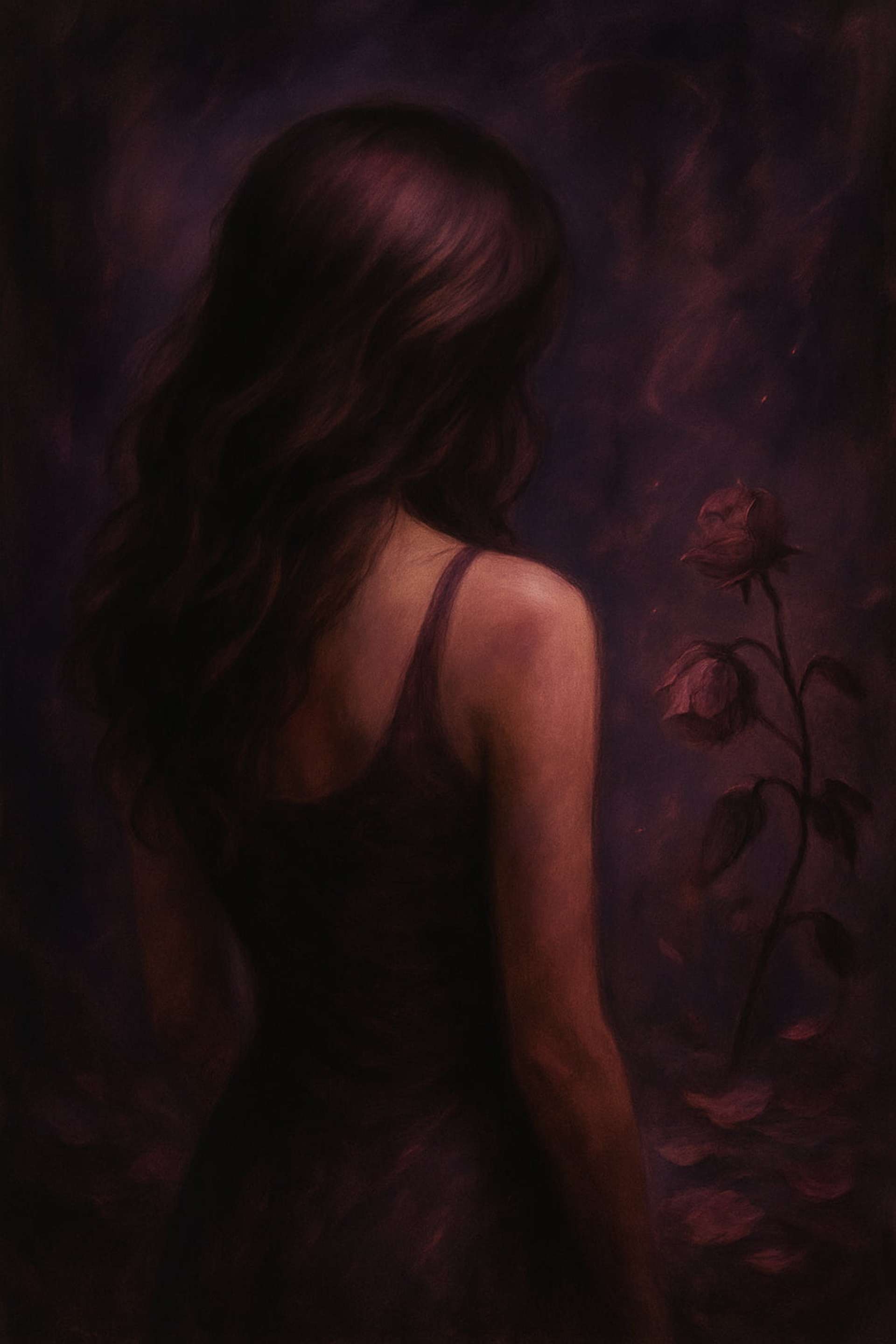 A  girl with long dark hair looks at a bouquet of wilting roses in front of an abstract background of dusty rose and mauve